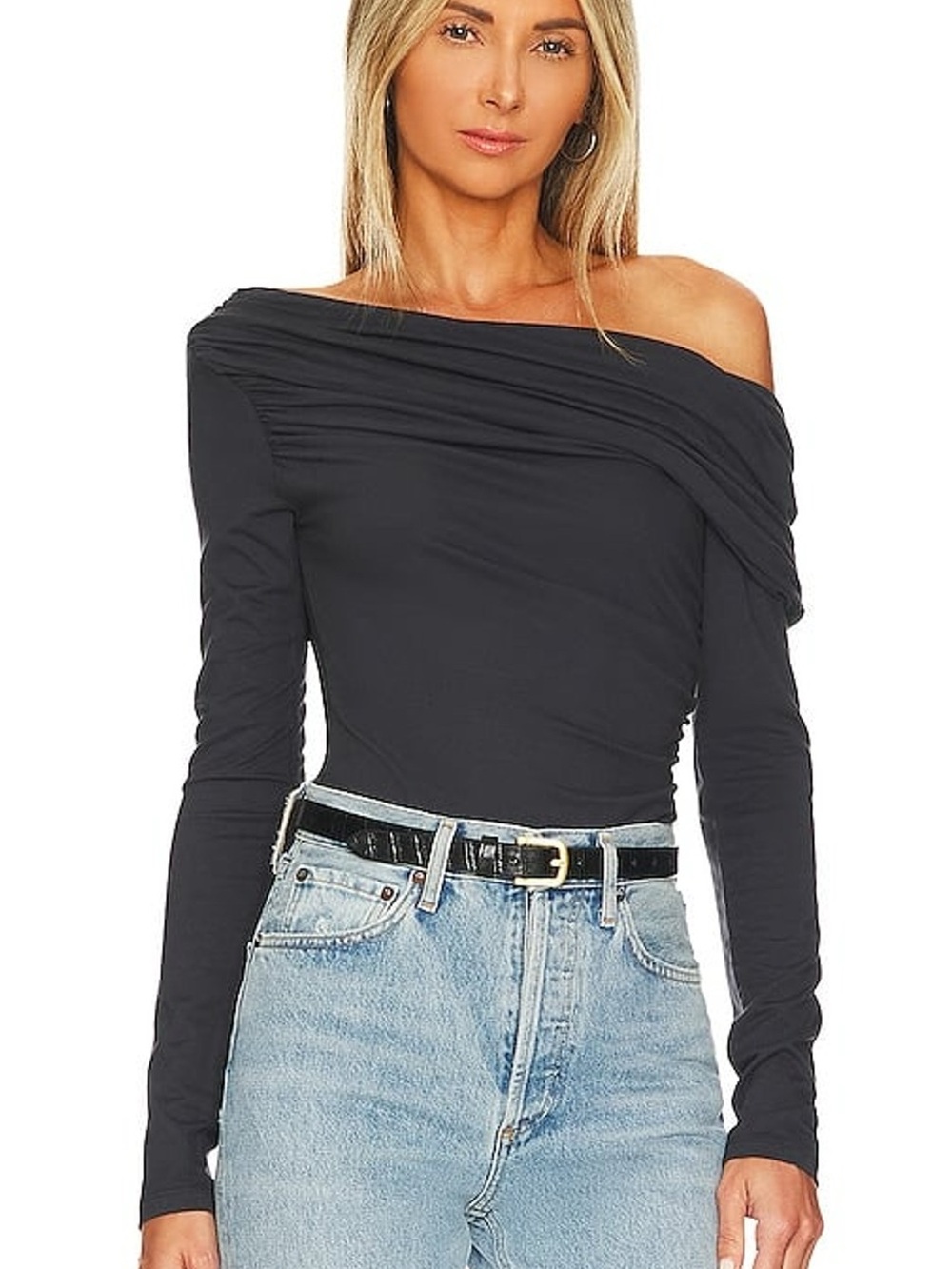 AGOLDE Kira Bodysuit XS Off Shoulder Ruched Long Sleeve Modal Blend Top